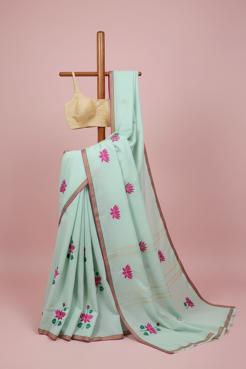 Pure 120 Count Cotton Lotus Embroidery Saree - Full View