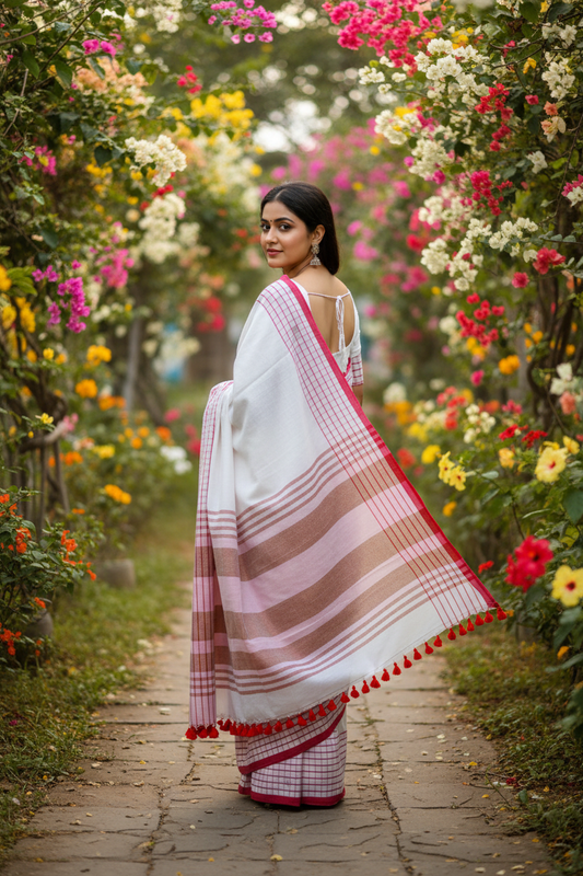 Handwoven white cotton saree back view in garden