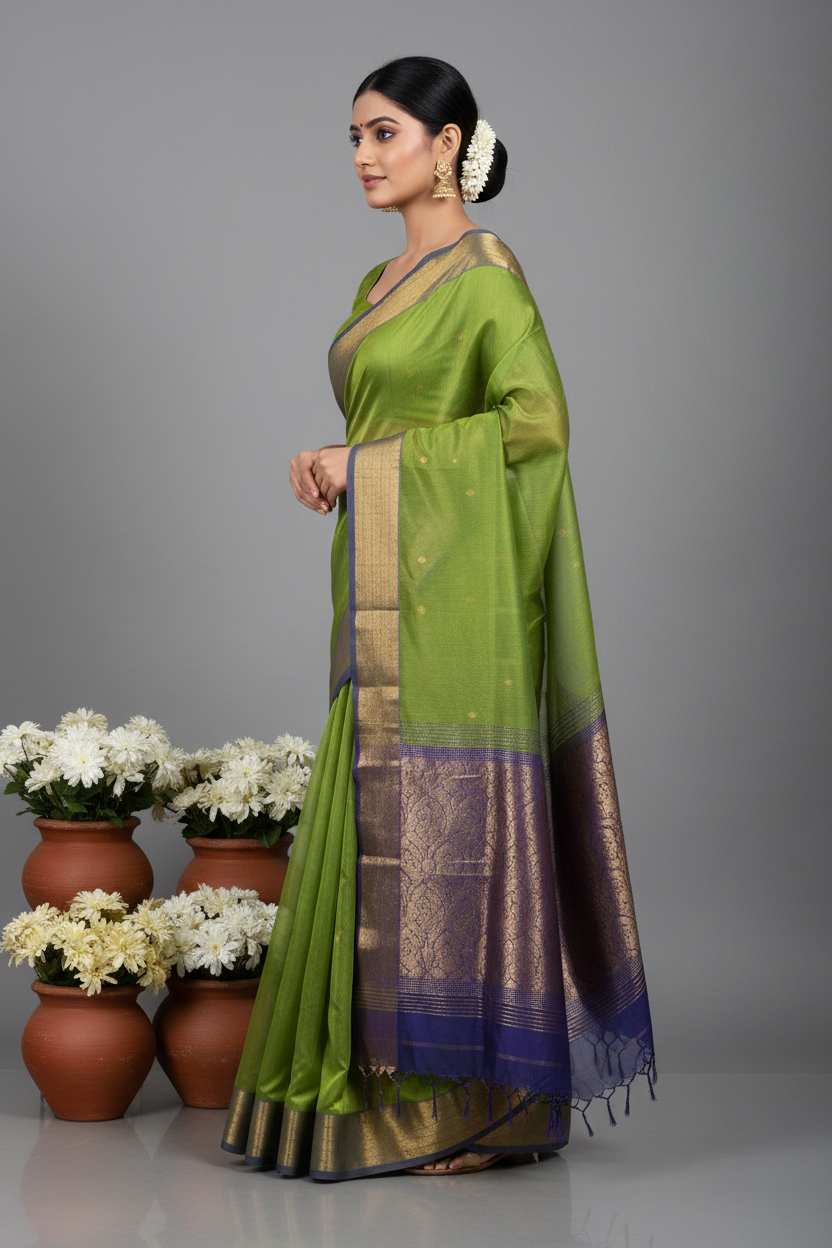 Parrot Green Maheshwari Silk Saree - Side View