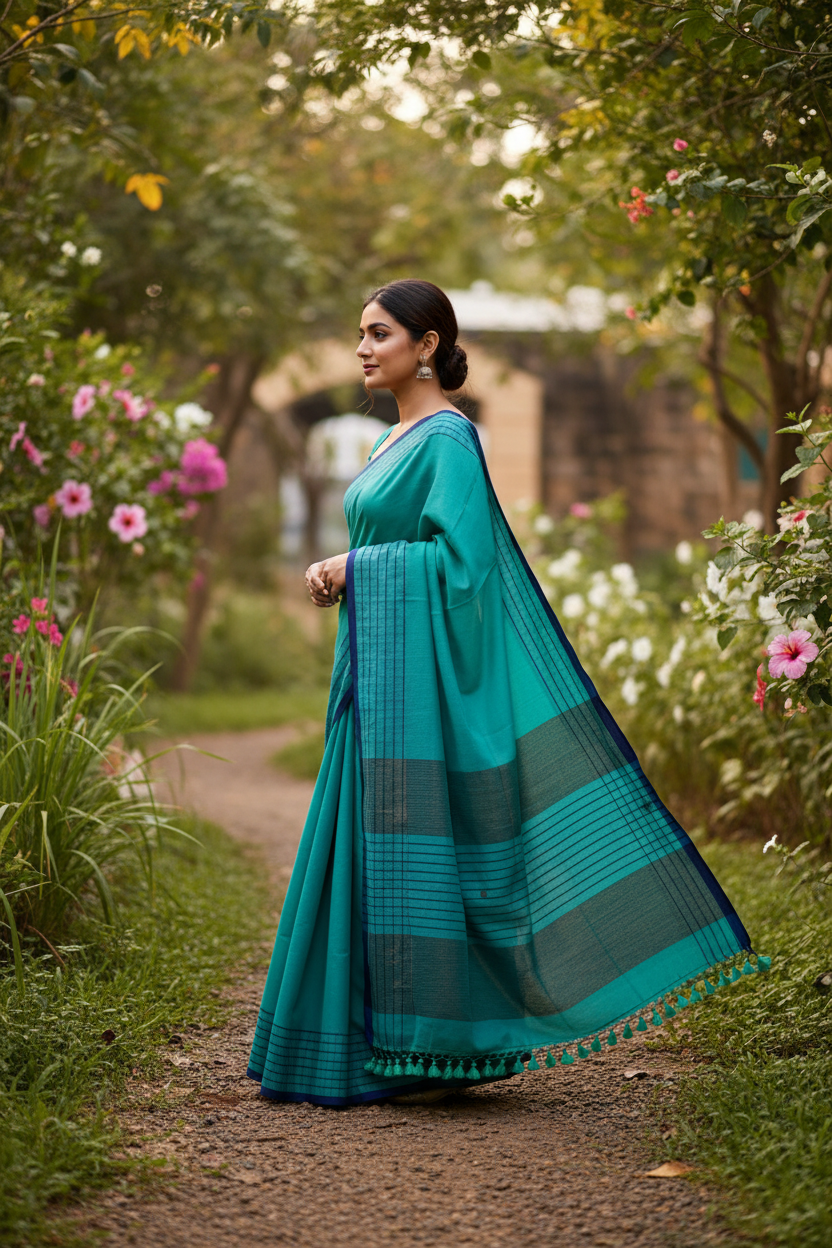 Turquoise handwoven cotton saree walking in nature