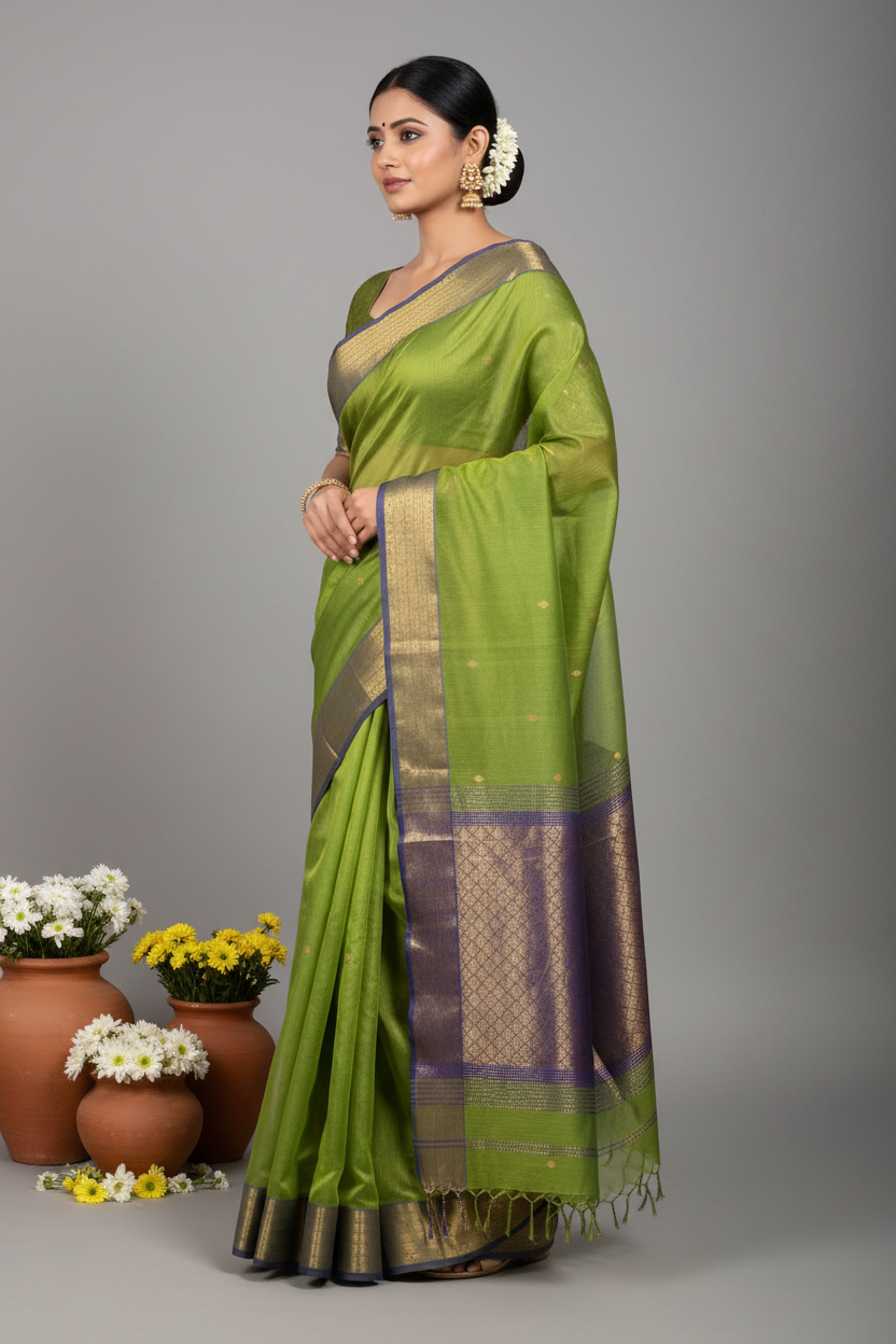 Parrot Green Maheshwari Silk Saree - Elegant Pose