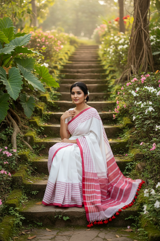 White mulmul cotton saree sitting in garden