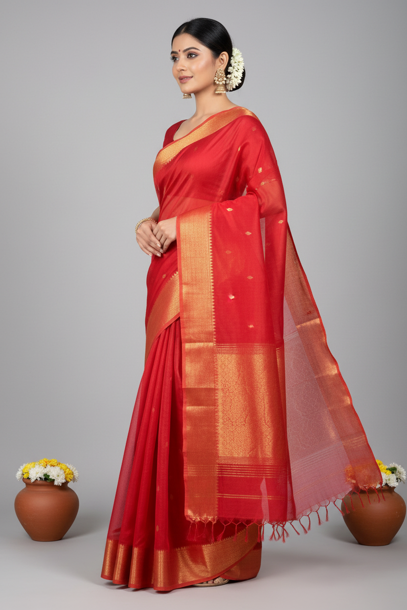 Red Maheshwari Silk Saree - Elegant Pose