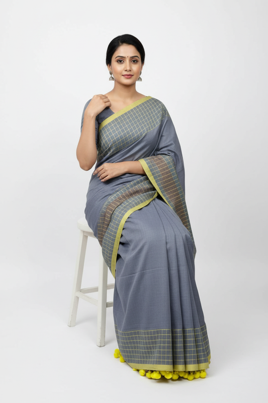 Grey blue mulmul cotton saree with yellow tassels - sitting pose
