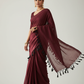 Maroon Mulmul Cotton Saree with Black Tassels Full Body View