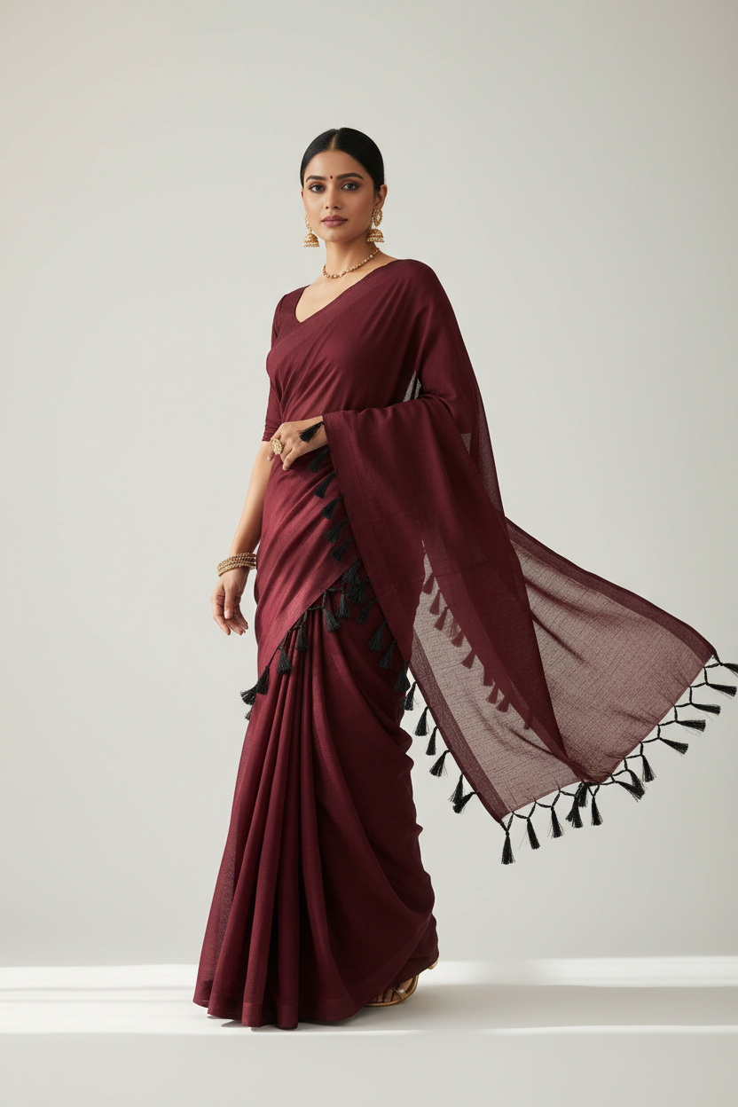Maroon Mulmul Cotton Saree with Black Tassels Full Body View