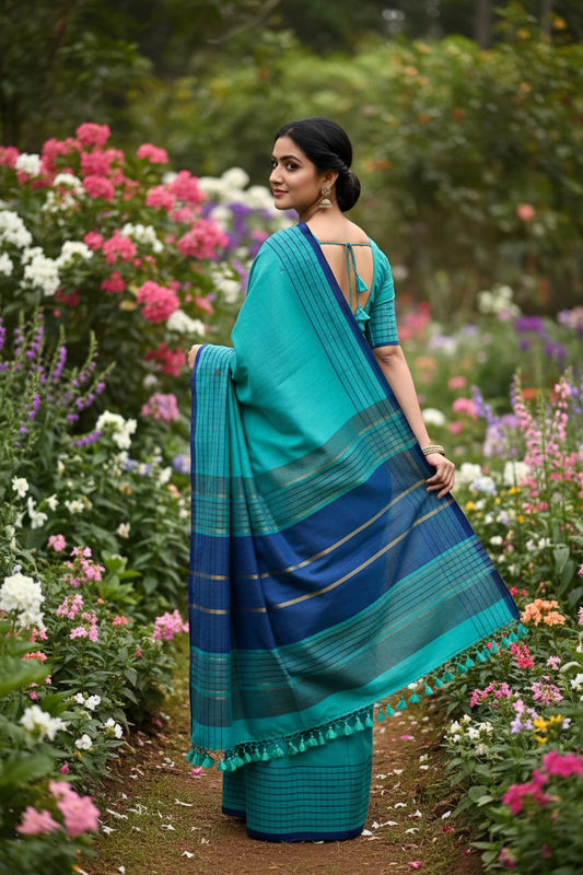 Handwoven turquoise cotton saree back view in garden