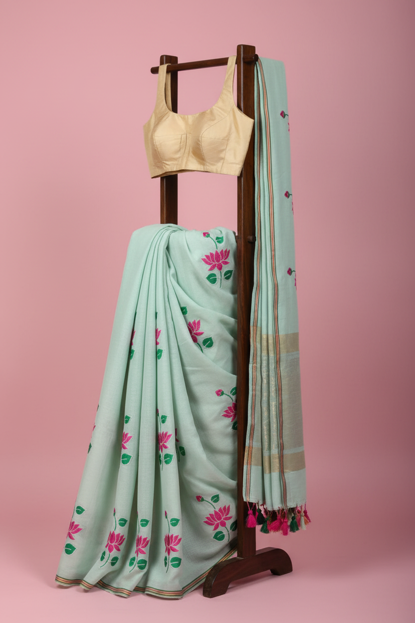 Pure Mul Cotton Saree - Side Angle View