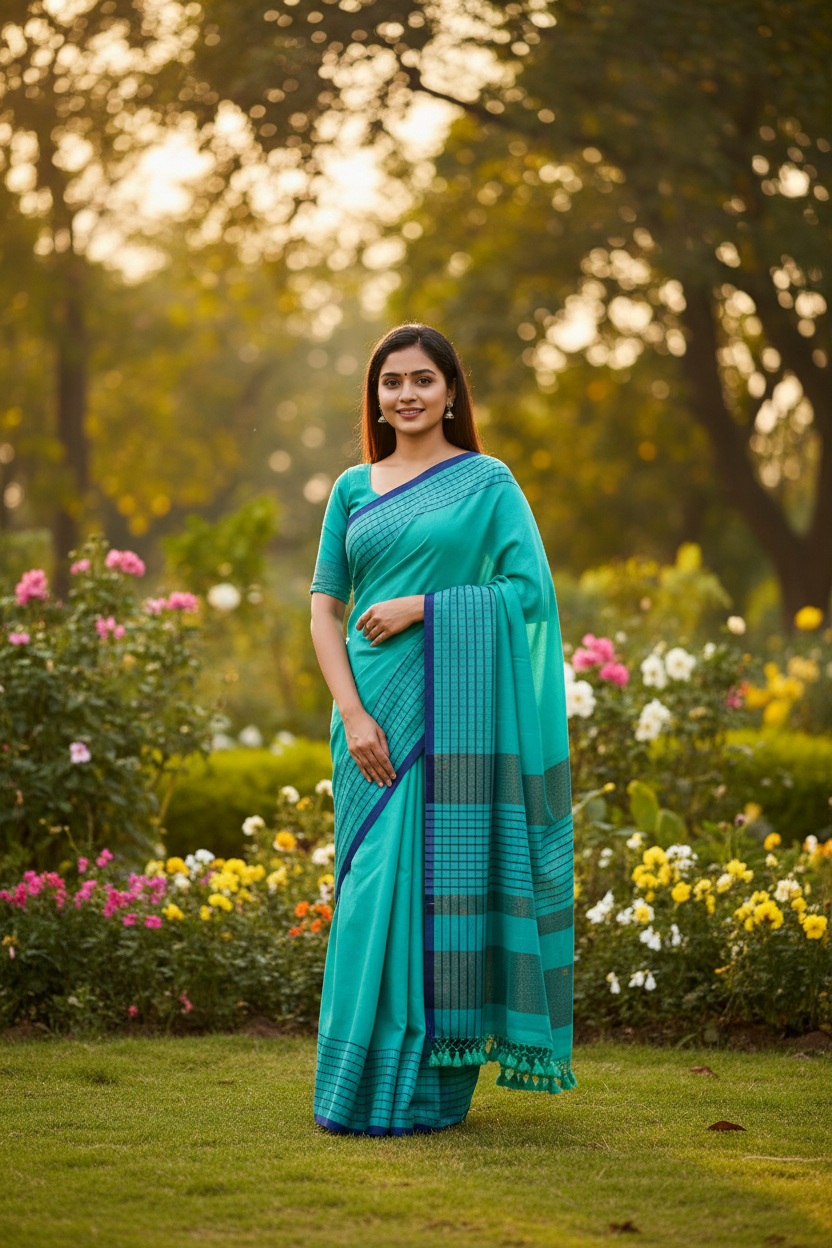 Turquoise teal checked cotton saree with navy border in garden