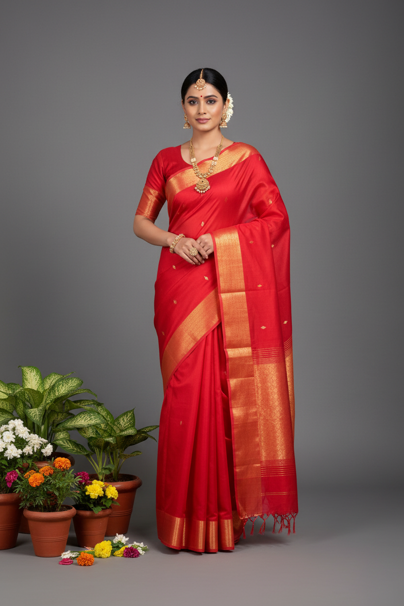 Red Maheshwari Silk Saree - Full Length View