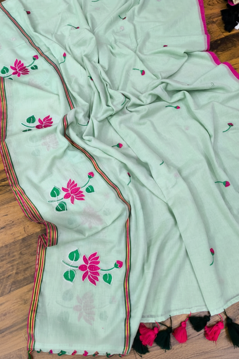 Mint Blue Cotton Saree with Lotus Motifs - Alternate View