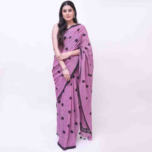 Light Purple Polka Dot Printed Cotton Saree