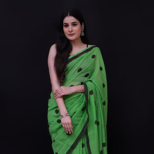 Green Polka Dot Printed Cotton Saree