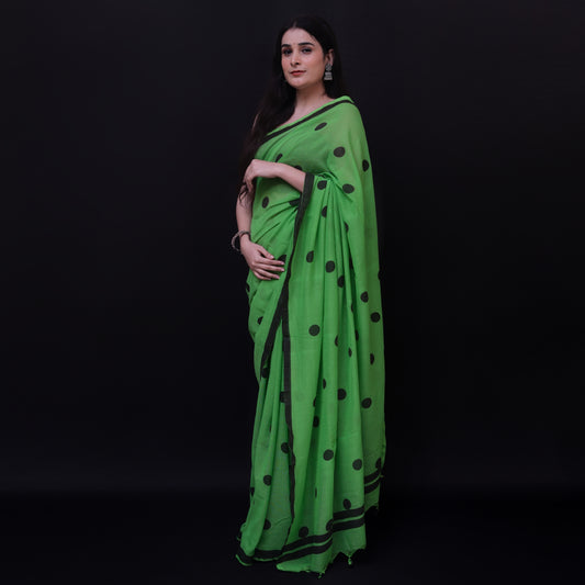 Green Polka Dot Printed Cotton Saree