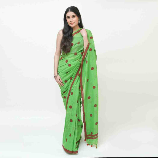 Green and Red Polka Dot Printed Cotton Saree
