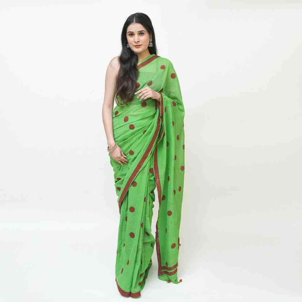 Green and Red Polka Dot Printed Cotton Saree