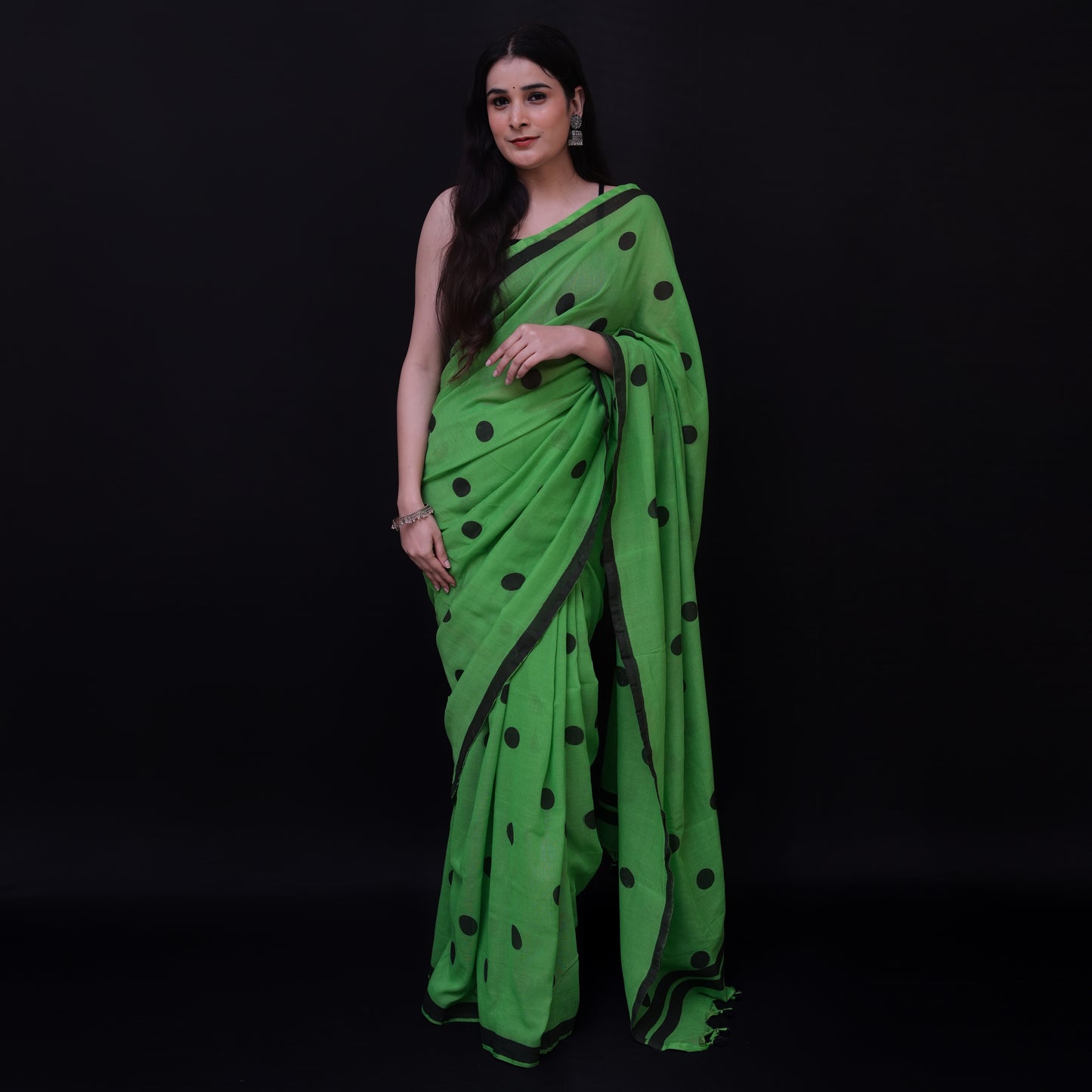 Green Polka Dot Printed Cotton Saree