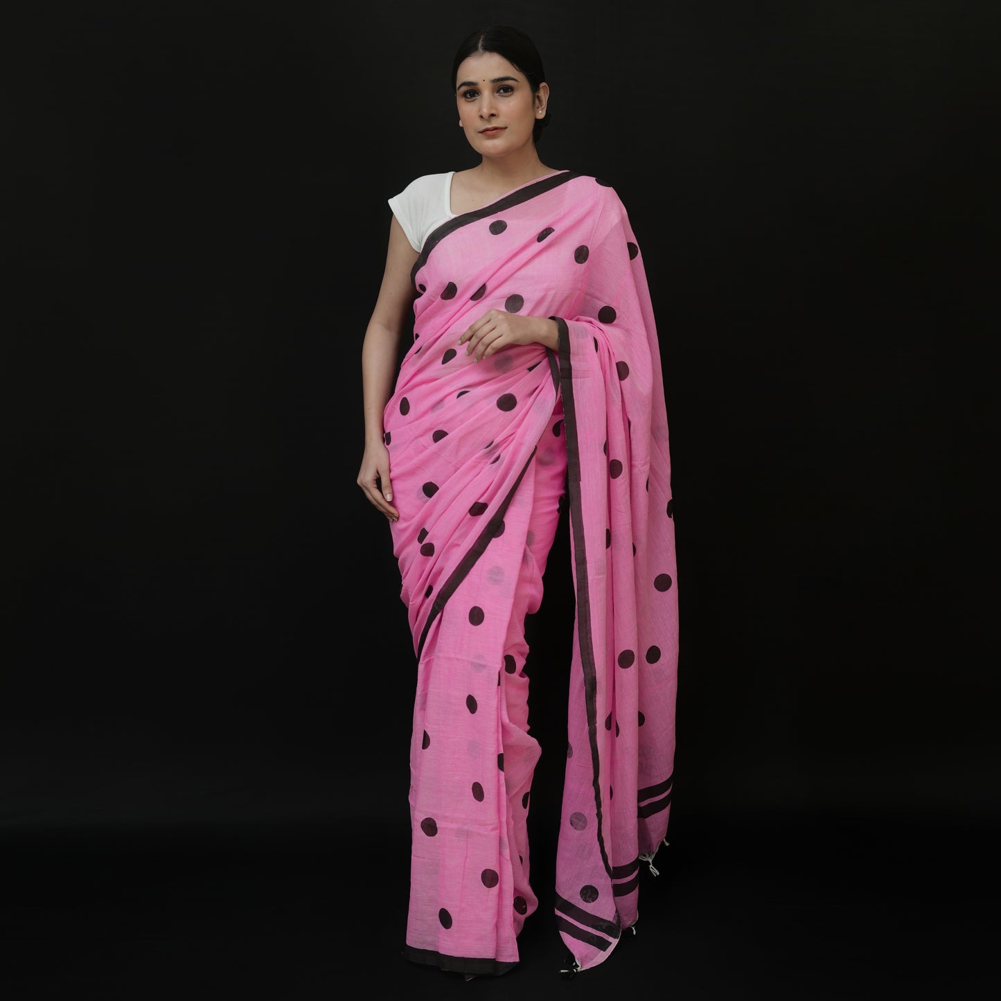 Baby Pink Polka Dot Printed Cotton Saree