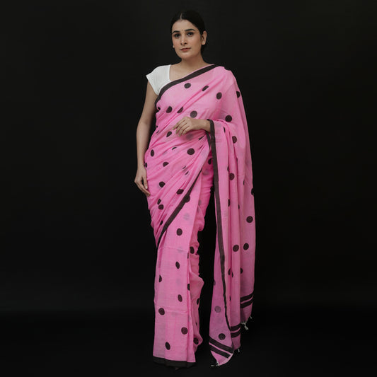 Baby Pink Polka Dot Printed Cotton Saree