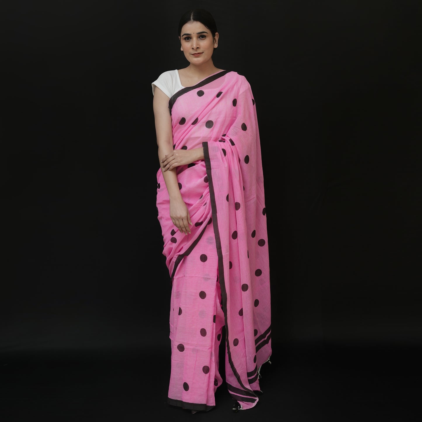 Baby Pink Polka Dot Printed Cotton Saree