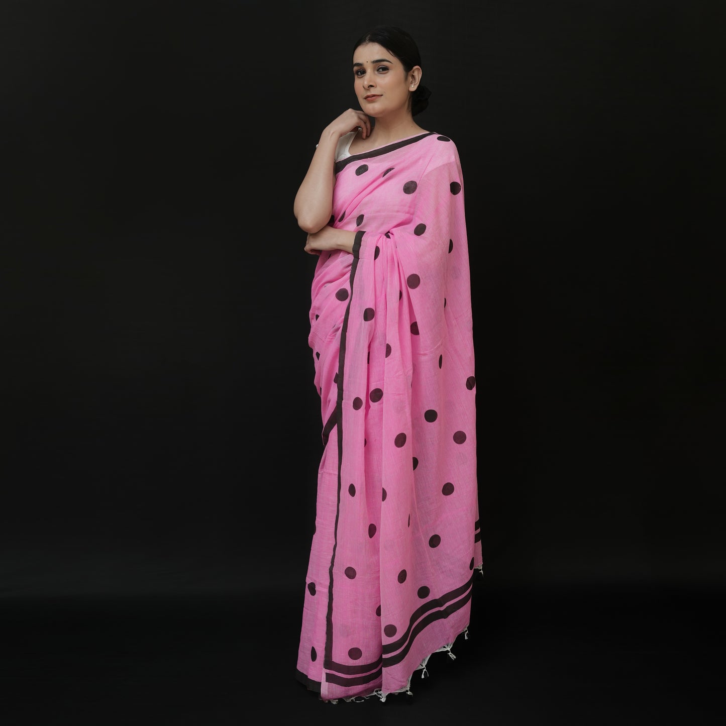 Baby Pink Polka Dot Printed Cotton Saree