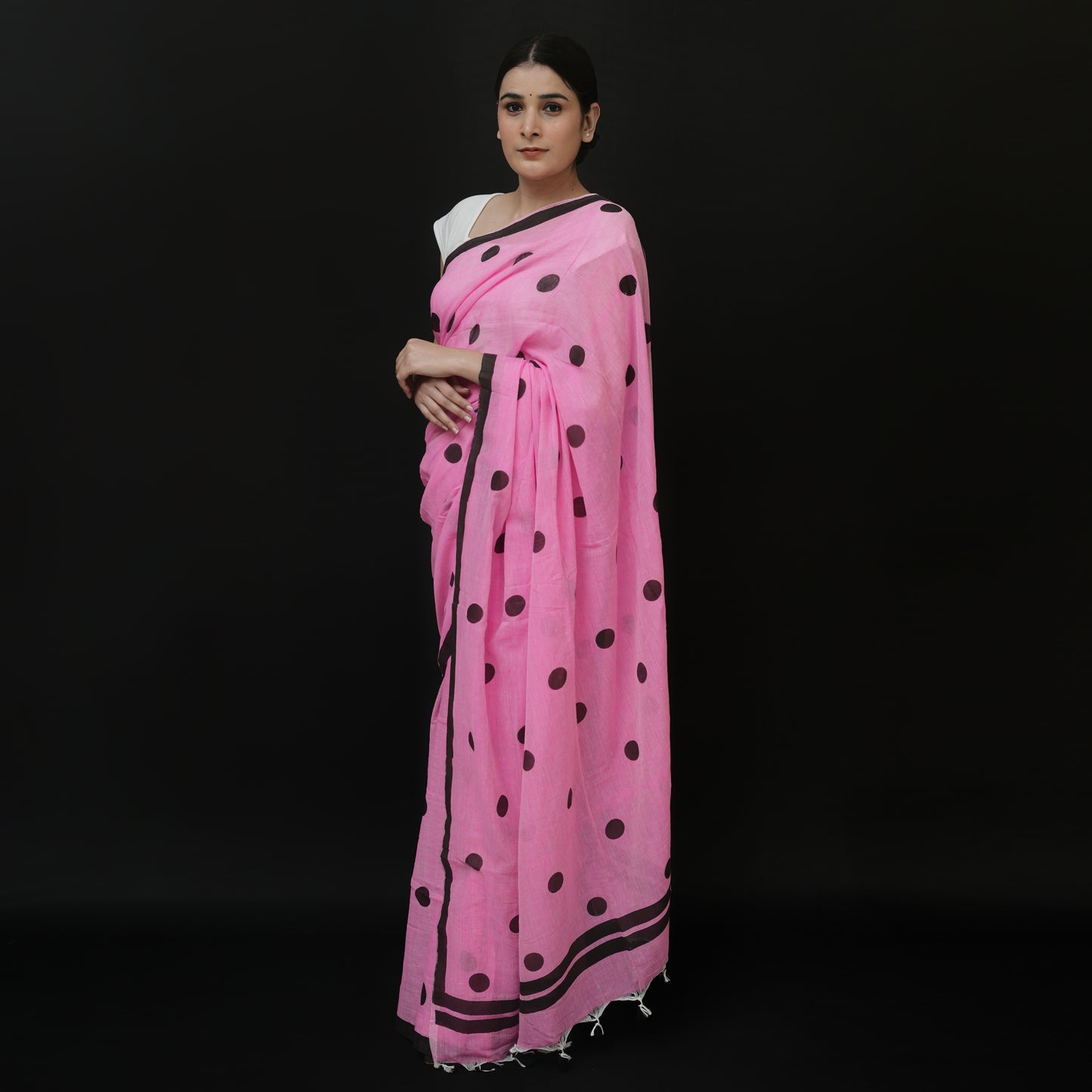 Baby Pink Polka Dot Printed Cotton Saree