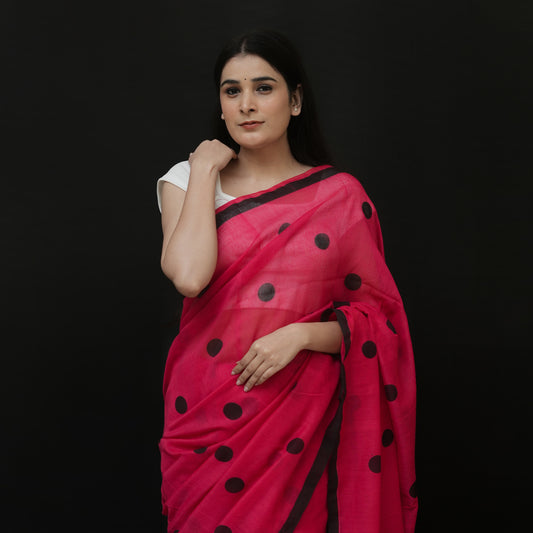 Red Polka Dot Printed Cotton Saree