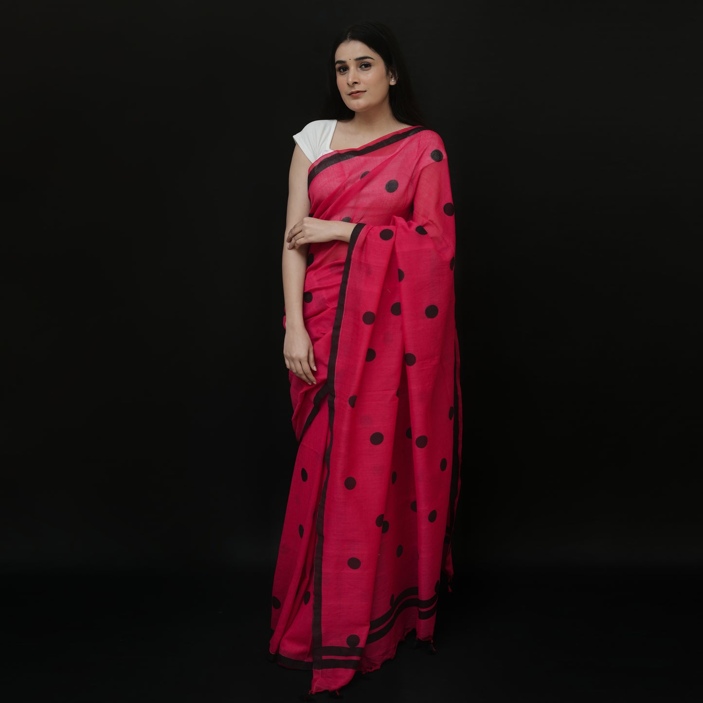 Red Polka Dot Printed Cotton Saree