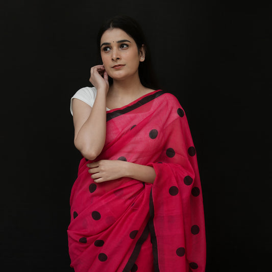 Red Polka Dot Printed Cotton Saree