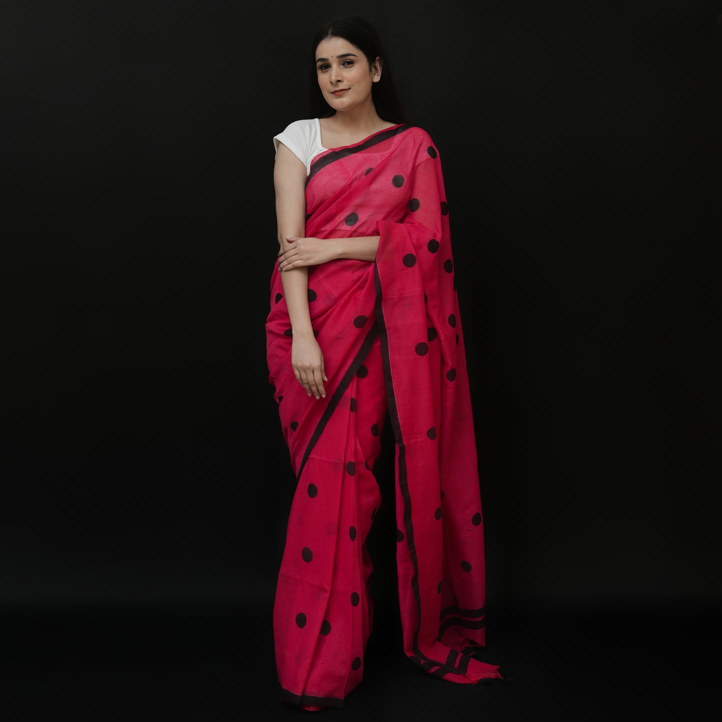 Red Polka Dot Printed Cotton Saree