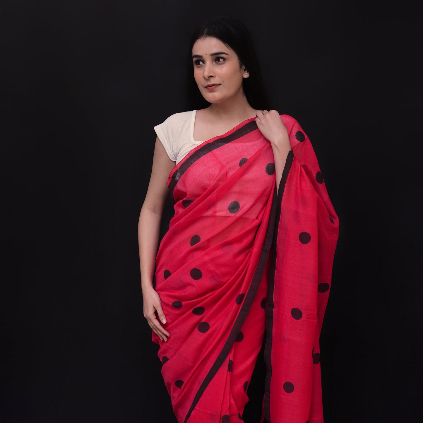 Red Polka Dot Printed Cotton Saree