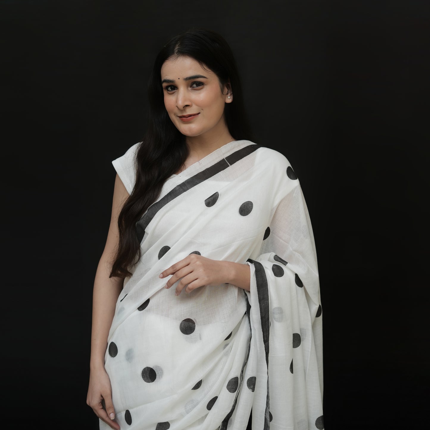 Black Polka Dot White Cotton Saree