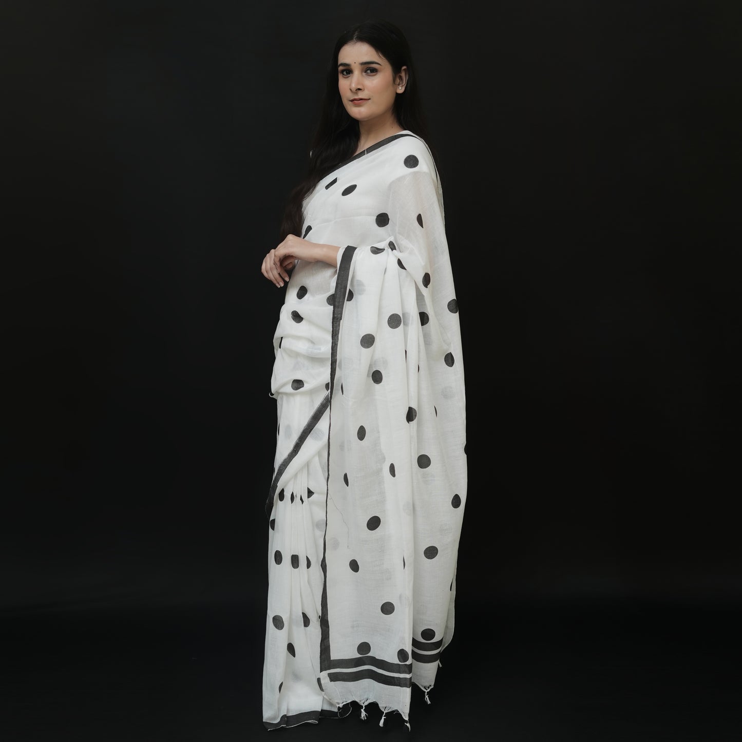 Black Polka Dot White Cotton Saree