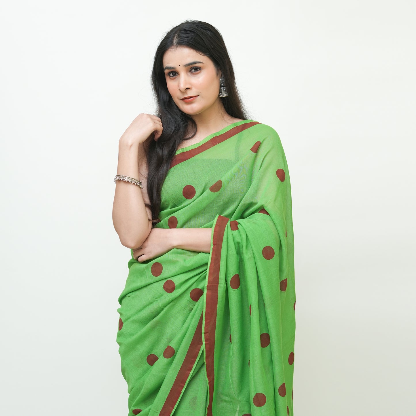 Green and Red Polka Dot Printed Cotton Saree