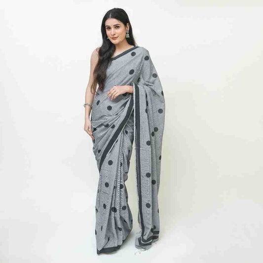 Grey Polka Dot Printed Cotton Saree