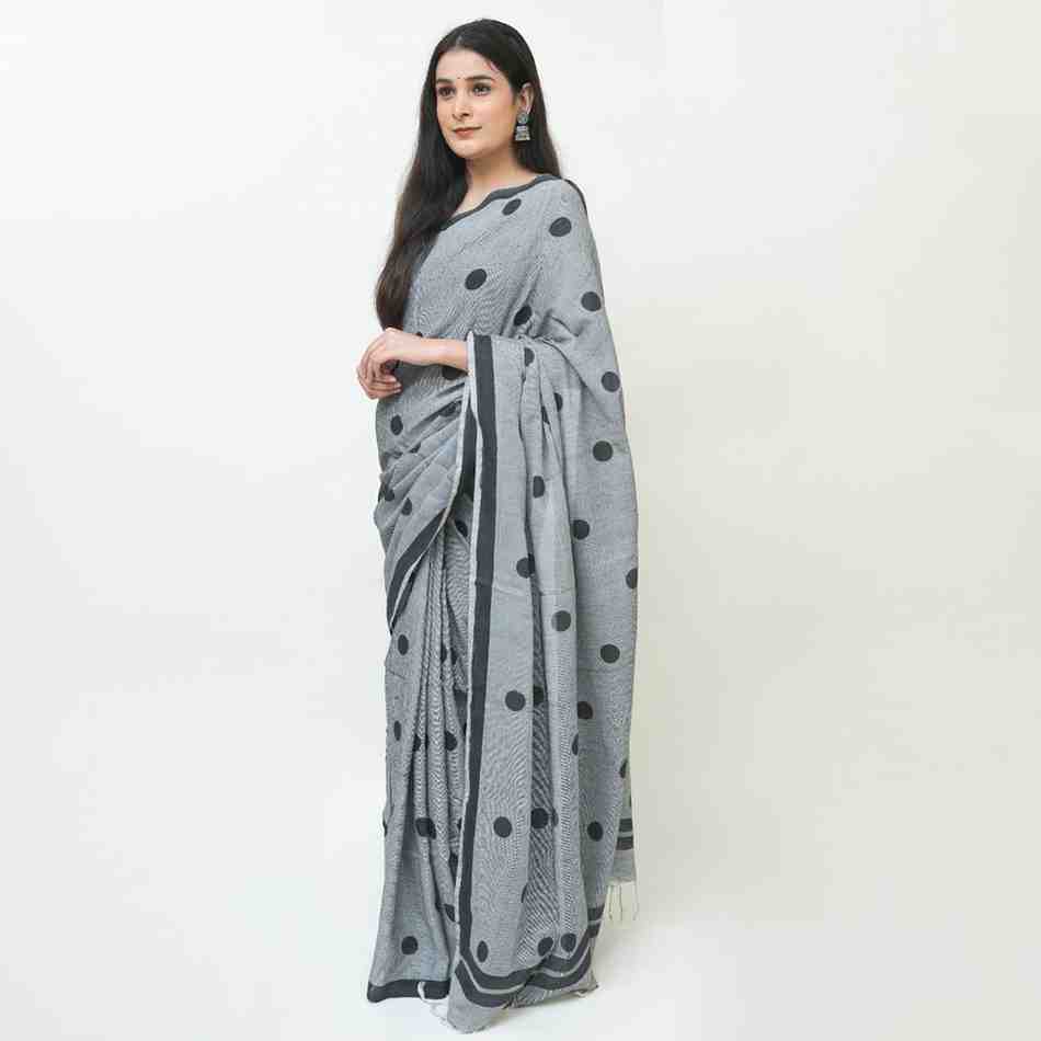 Grey Polka Dot Printed Cotton Saree