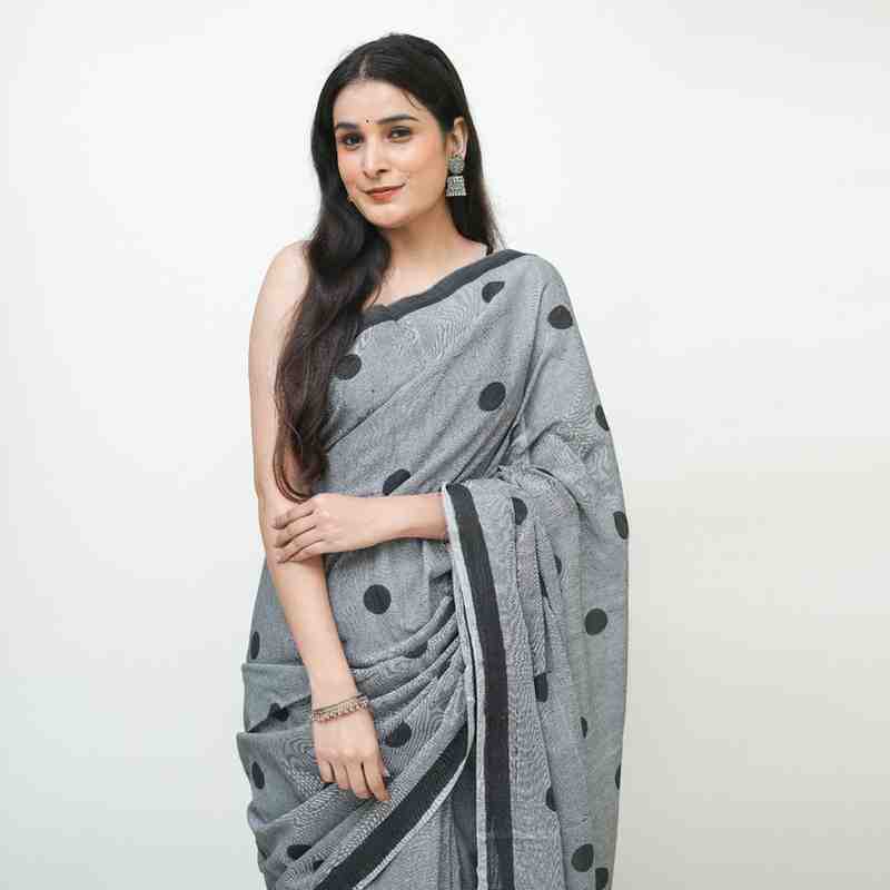 Grey Polka Dot Printed Cotton Saree