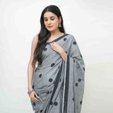 Grey Polka Dot Printed Cotton Saree