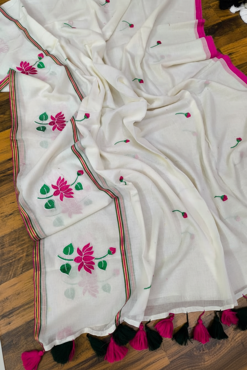 Kamal Embroidery Pure Cotton Saree - White