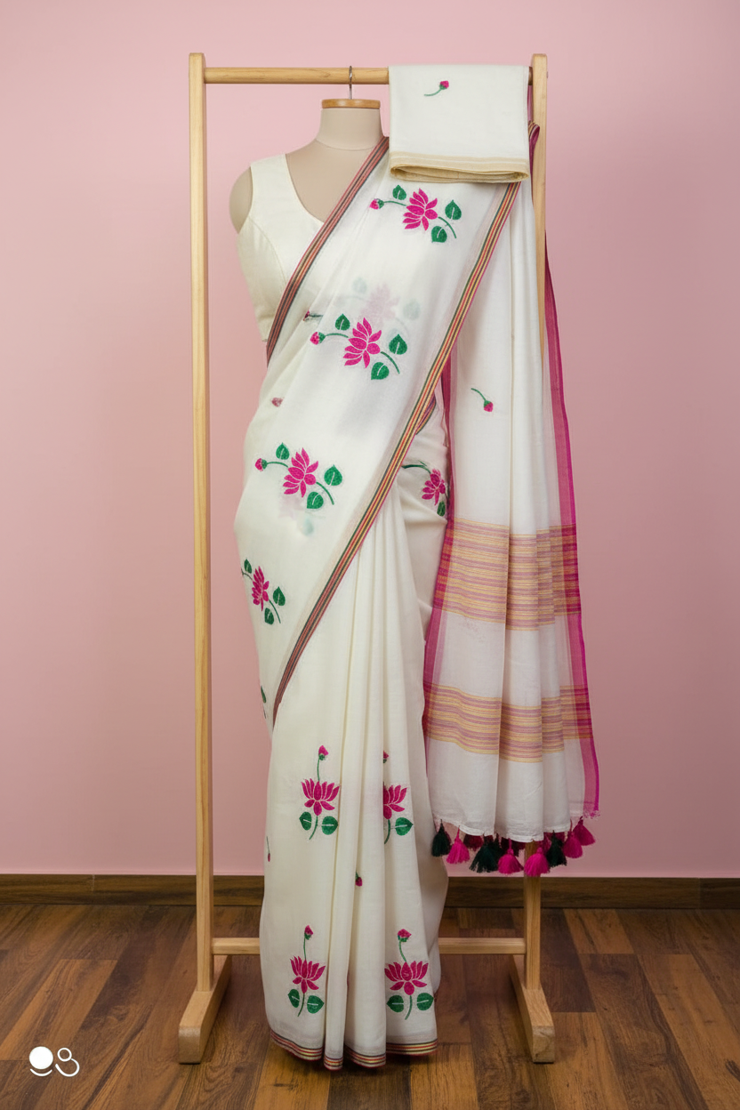 Kamal Embroidery Pure Cotton Saree - White