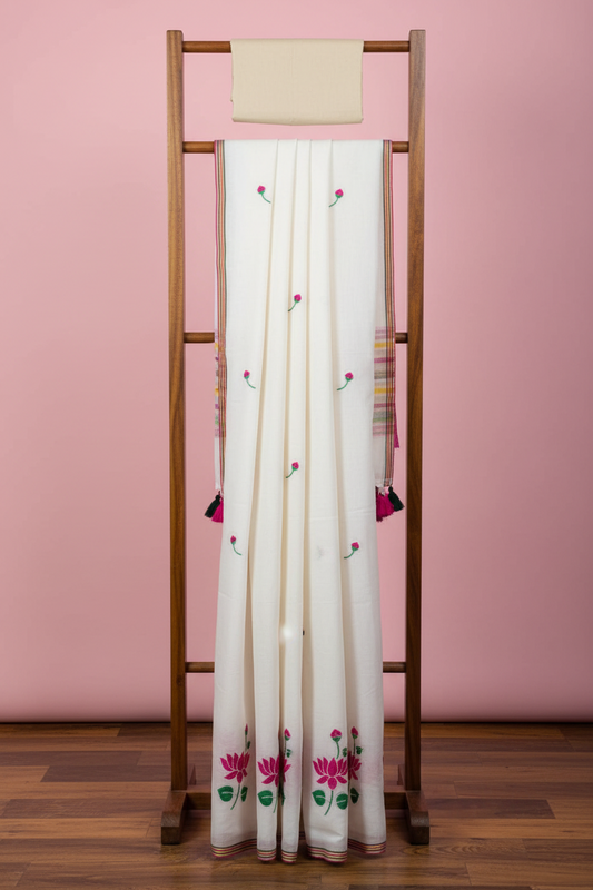 Kamal Embroidery Pure Cotton Saree - White