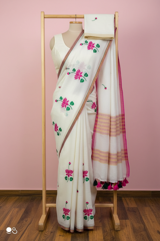 Kamal Embroidery Pure Cotton Saree - White